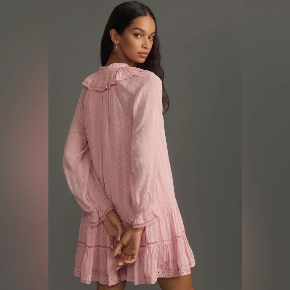Anthropologie Pink Ruffle Swiss-Dot Long Sleeve Dress